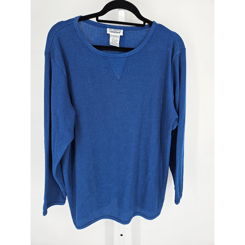 All American Comfort Womens Sz L Waffle Knit Crew Neck Long Sleeve Shirt Blue